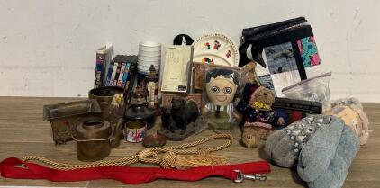 Mixed Vintage Collectibles Lot: Peter Pan VHS, DVDs, Poker Chips, Brassware, Plush Toys, Decor