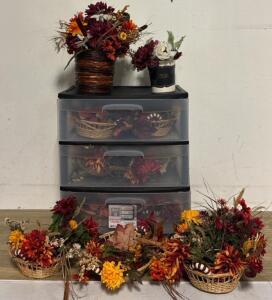 Sterilite 3 Drawer Storage Cart with 7 Artificial Fall Floral Arrangements and Baskets