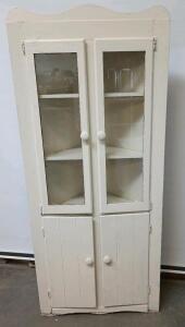 Corner China Cabinet With Brushed White Finish And Glass Panel Doors
