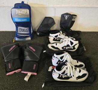 Boxing Lot!!! Everlast 12oz Training Gloves, Century MMA Gloves, (2) Fighting Boxing Shoes, Title Boxing Shoes