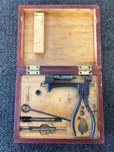 Vintage Hand Reloading Tool Set with Wooden Case, Multiple Accessories, ca. 1880-1920