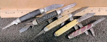 Vintage Multi-Blade Folding Pocket Knives Lot, 2-3 Blades Each, Various Handles, 1940s-1970s Era