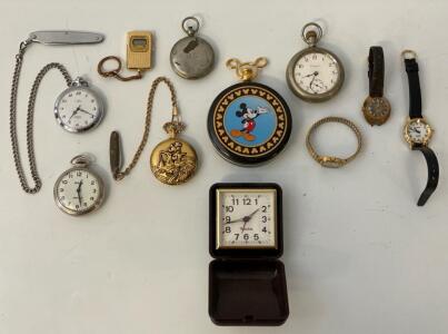Vintage Pocket Watch Lot &ndash; Colibri, Elgin, Westclox Bull&rsquo;s Eye, Mickey Mouse, Chains & Accessories