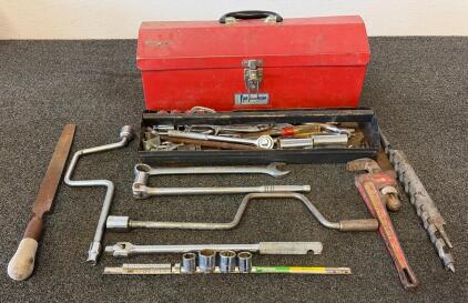 All American by Waterloo Red Metal Toolbox w/ 25+ Mixed Hand Tools, Craftsman, 14" Pipe Wrench