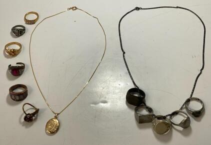Vintage Mixed Jewelry Lot: Rings, Gold-Tone Locket Necklace, Silver Chain with 5 Rings, Stones
