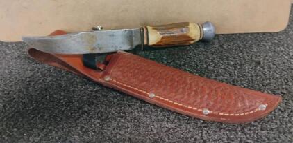 Vintage Fixed-Blade Hunting Knife, Stag Handle, 5.25" Blade, Leather Sheath, Clip Point