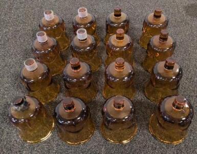 Lot of 16 Amber Glass Apothecary Reagent Bottles, ~2 oz, Bell-Shaped, Ground Glass Stoppers