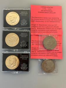 (3) 1972 Eisenhower Dollars - U.S. One Dollar Coins, Collectible, In Holder, Obverse: Eisenhower Portrait and (2) 1776-1976 Bicentennial Dollar Coins
