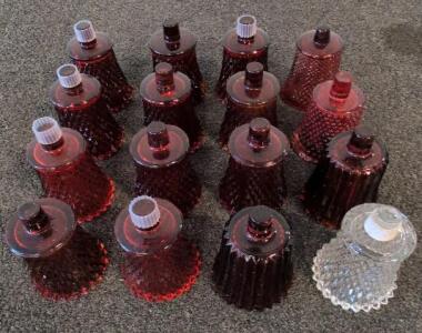 Set of 16 Vintage Hobnail Glass Lamp Shades, Red & Clear, 2-1/4" Fitter, 4.5" Tall, Bell Shape