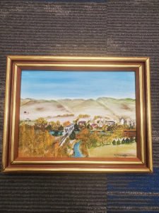 Peg Newcomb "The Old Railroad Bridge" Original Oil Painting, Boise ID, Framed, Signed 1973