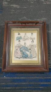 Framed Vintage Fashion Print Or Engraving, 1838, Wood Frame with Gold Detailing 12"x14"