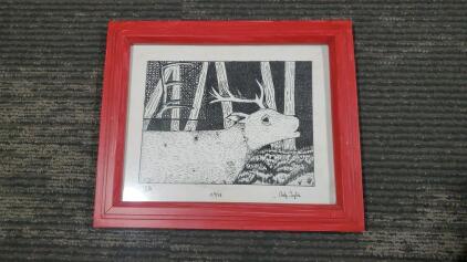 Framed Artwork "Elk" by Andy Taylor, 10/7/98, Red Wood Frame Pen And Ink Drawing 12"x10"