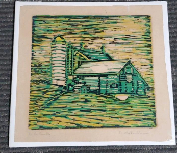 Dorothy Bartholomew Woodblock Linocut, "In the Country", Rural Farm Scene