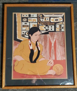 Pat Rutledge Batik Lithograph 'Blanket Maker' in Wooden Frame