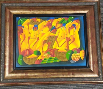 Jean Pierre Auguste Acrylic Painting, Vibrant Figures and Fruits, Signed Framed 23"x19
