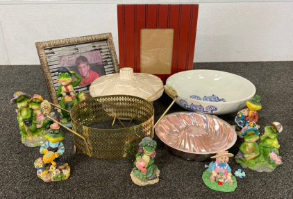 Assorted Home Goods Including Frog Decor, Picture Frames and More