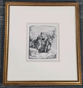 "Abraham and Isaac" BY: Rembrandt van Rijn 1645, Original Etching, Gold Frame 14"x15"