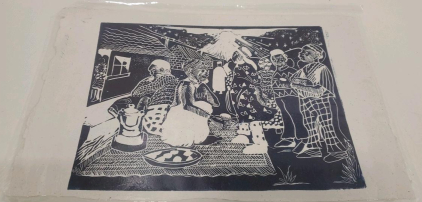 original linocut print by the listed Zambian artist David K. Chibwe, titled "The Market Scene"