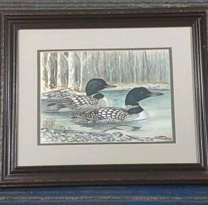Karl Baker Original 1994 Watercolor, Framed Artwork of Loons 16.5"x13.5"