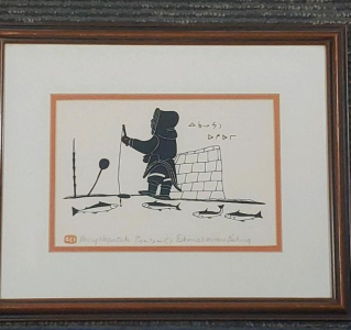 Inuit Art Print by Henry Napartuk, Eskimo Woman Fishing, Signed 15"x13"