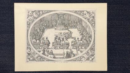 Jost Amman Original Etching On Intaglio Paper "The Emperor of the Holy Roman Empire in Council with Kings, Dukes, Earls and Others," 15 1/2&rdquo;x12 1/4&rdquo;