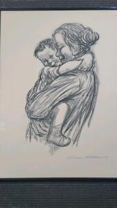 Framed Lithograph by K&auml;the Kollwitz, "Mother and Child," Signed 25"x19"