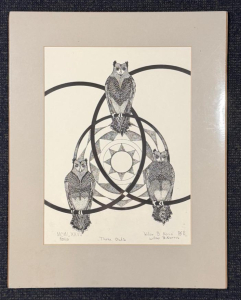 Pen and Ink print "Three Owls" by Willow B. Norris, 1977, Signed Edition 90/110 13&rdquo;x16&rdquo;