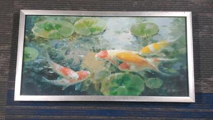 "Koi Fish & Lily Pad Pond," Signed Oil on Canvas Painting By: B. Harvey with Silver Frame 25"x13"