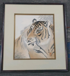Framed Tiger Painting, Watercolor or Ink, Asian Art Style 15"x16"