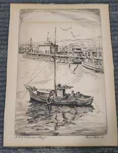 William Wilke Ink Drawing, A Bit of Fisherman&rsquo;s Wharf, Signed Artwork 10"x7.5"
