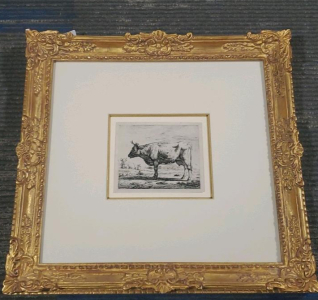"Two Cows and a Sheep" By: Adriaen Van De Velde Etching, Gold Frame, Provenance Included 17"x17"