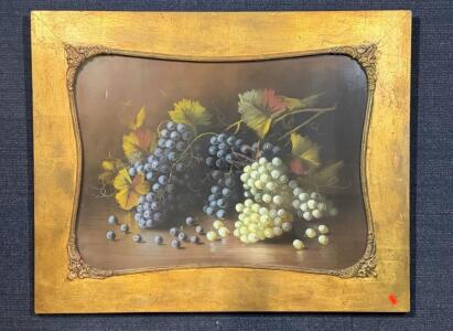 Original Pastel by E. Gibbs, Still Life with Grapes Ornate Gold Frame 30&rdquo;x24&rdquo;