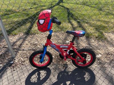 Spider-Man 12-Inch Kids Bike with Training Wheels, Mask Basket, Single Speed, Red/Blue, Ages 3-5. Please inspect in person.