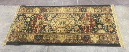 Hand-Knotted Wool Area Rug, 33&rdquo;x73&rdquo;, Medallion Design, Black/Red/Gold, Fringe Edges