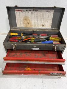 Vintage Craftsman Metal Tool Box, 2-Drawer, Loaded Screwdrivers, Kennedy Lid Chart, 20"x8.5"x12"