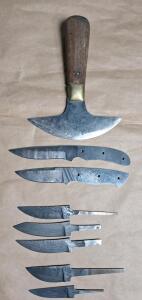 (1) Vintage CS Osborne & Co. Head Knife & (7) Small Damascus Style Drop Point Knife Blanks, (2) Full Tang (1) 2.5", (1) 2" & (5) Push Tang, (3) 3", (2) 1.5"