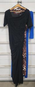 (1) T-Bags Los Angeles Knotted Leopard Print Maxi Dress Size S (1) Cobalt Blue Maxi Wrap Dress Size S (1) Tadashi Shoji Draped Mesh Black Dress Size M W/ Garment Bag
