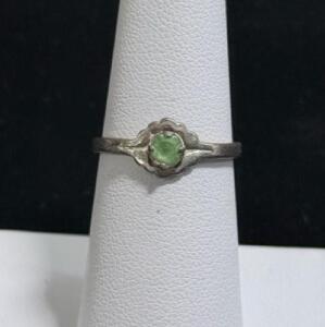 Sterling Silver 925 Ring, Green Round Gemstone, Floral Bezel Setting