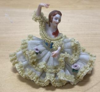 German Dresden Porcelain Lace Ballerina Figurine, Crowned S Mark, Applied Lace, ca. 1950&ndash;1970