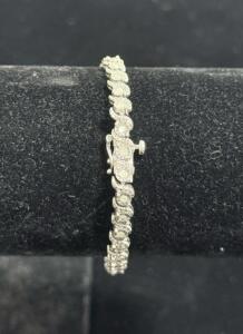 Sterling Silver QJ 925 Tennis Bracelet, Box Clasp, Simulated Diamond Stones, 7" Length