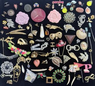 Large Lot of 75 Vintage & Costume Brooches, Pins & Lapel Accessories - Floral, Holiday, Novelty