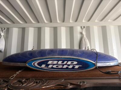 Bud Light Hanging Bar Light, 40" Pool Table Lamp, Fluorescent, Quorum, Blue Chrome approx. 40inX16inX8in. Powers on.