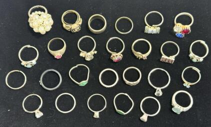 Lot of 23 Vintage Costume Rings &ndash; Assorted Cluster, Band, Faux Pearl, Enamel, Adjustable