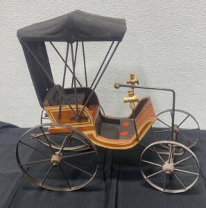 Antique Scale Model Horseless Carriage, Wood & Metal, Movable Wheels, Brass Horn, Display Piece