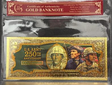 24K Gold-Plated $2 Bill U.S. Army 250th Anniversary Collectible &ndash; Serial GOLD 999999 COA