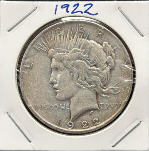 1922 Peace Silver Dollar &ndash; Philadelphia Mint, 90% Silver, Circulated, VF/XF Estimate