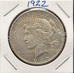 1922 Peace Silver Dollar, Philadelphia Mint, 0.773 oz Silver, Circulated