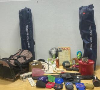 (2) Folding Arm Chairs - Pet Carrier- Coozies - and Much More