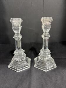 Tiffany & Co. Hexagonal Crystal Candlestick Holders Pair, 8" Faceted Stepped Art Deco Style