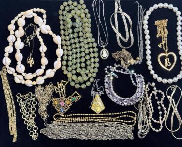 Large Mixed Costume Jewelry Lot&mdash;Shell, Rhinestone, Faux Pearl, Gold/Silver Tone, Unique Pendants